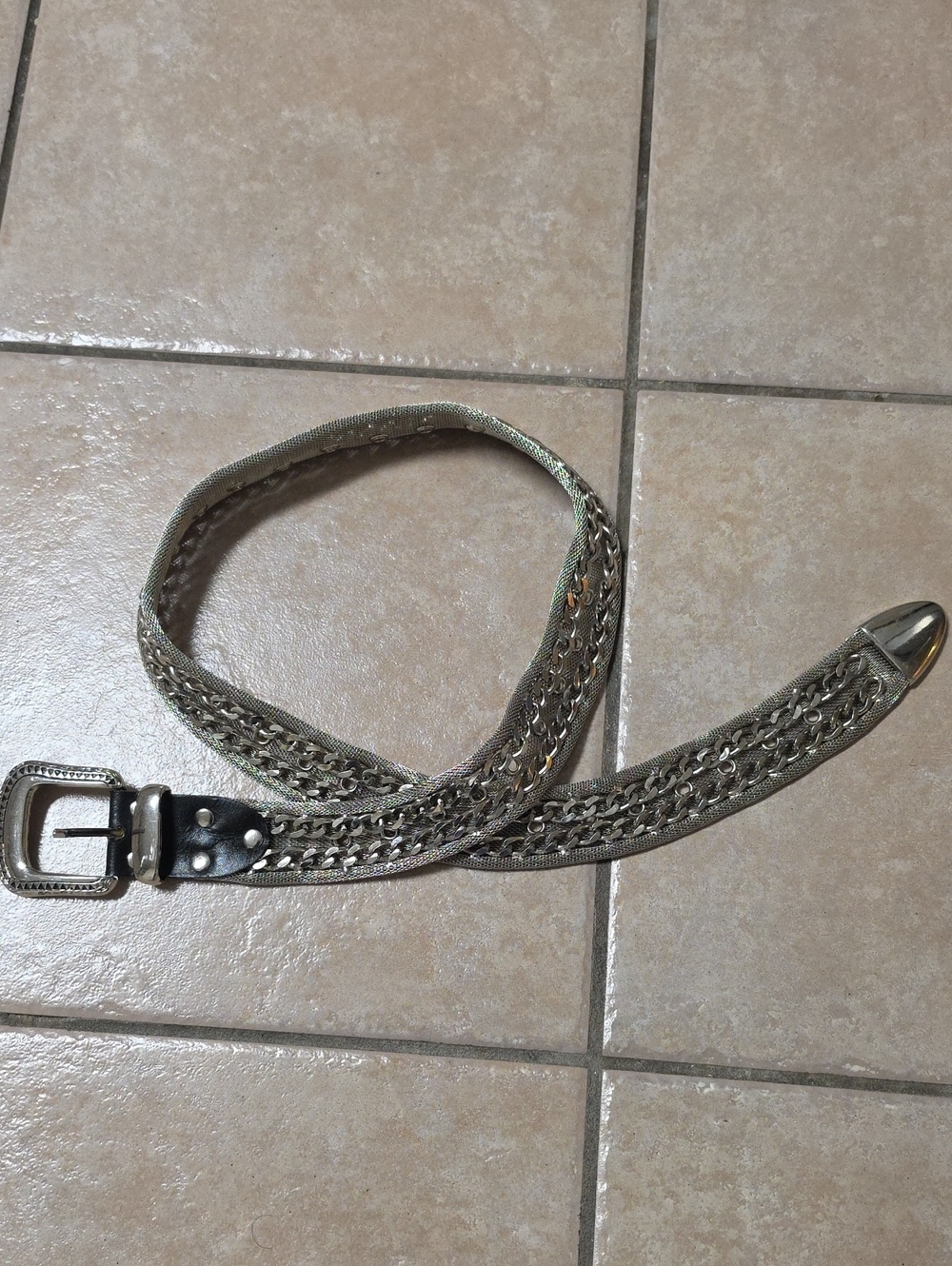 Vintage 90s Western Silver Metal Mesh Belt Chainmail Layered Boho Cowgirl L